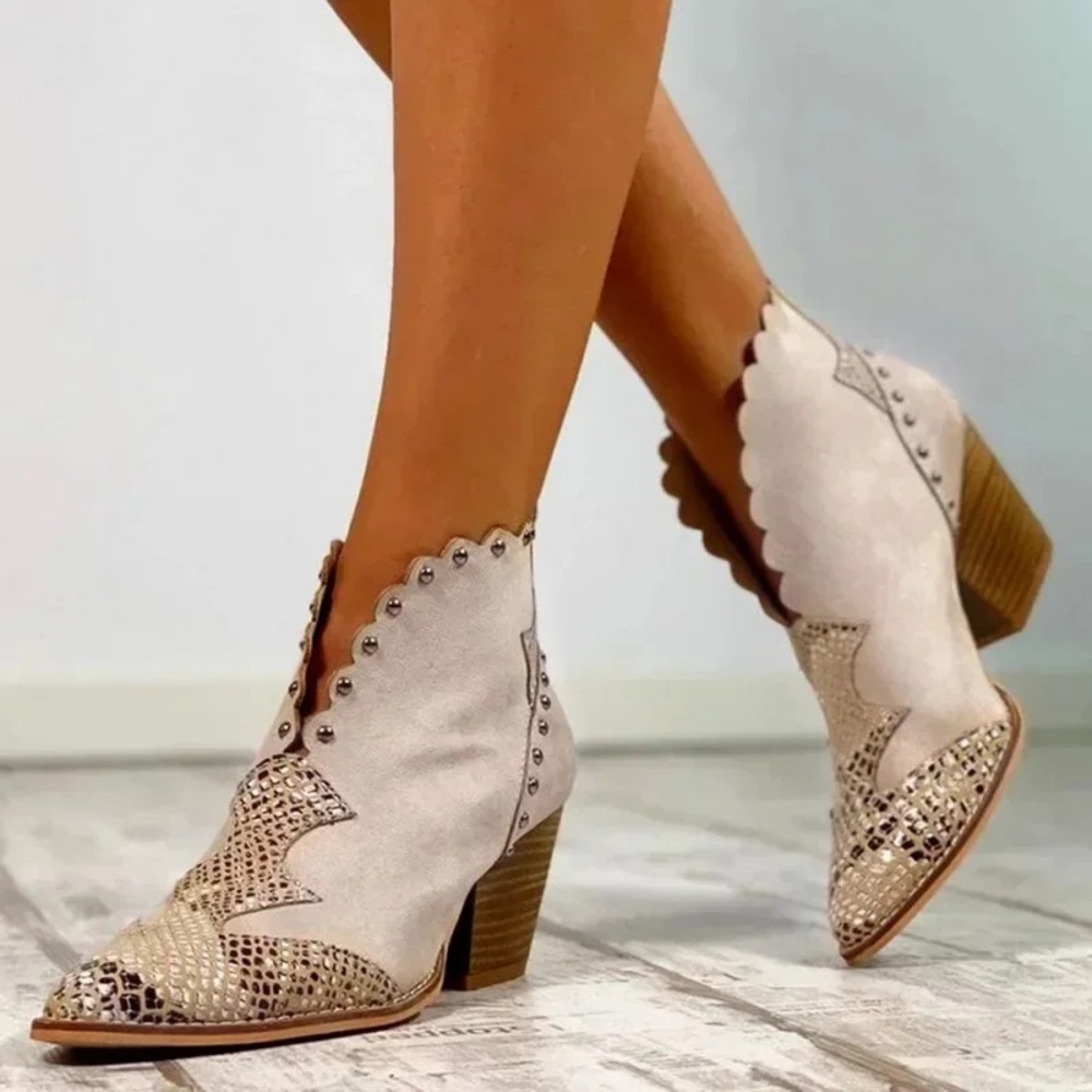 Beige Scallop-Trim Ankle Booties with Snake-Print Toe